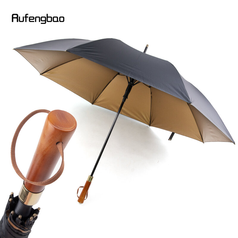 Zwarte Automatische Winddichte Paraplu, Houten Handvat 8 Botten Lange Steel Vergrote Paraplu Voor Zowel Zonnige Als Regenachtige Dagen 96Cm
