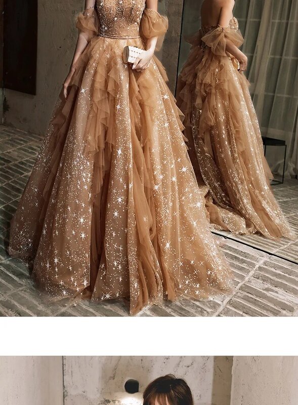 Customized khaki host starry sky toast dress one-shoulder model catwalk dress bride dress