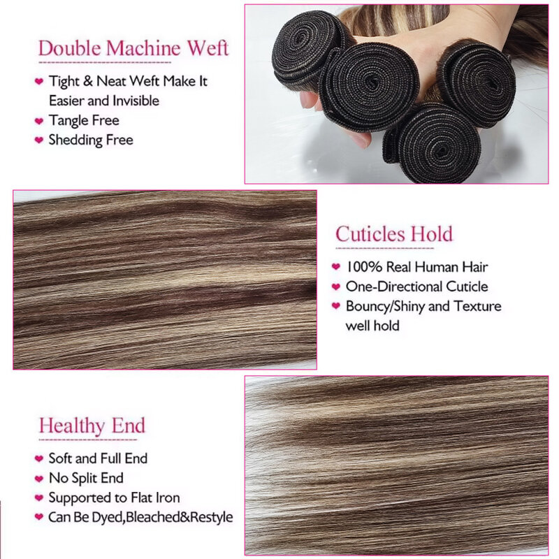 Mechones de cabello humano liso, extensiones de cabello brasileño, color ombré, rubio miel, P4/27 raw hair bundles choice