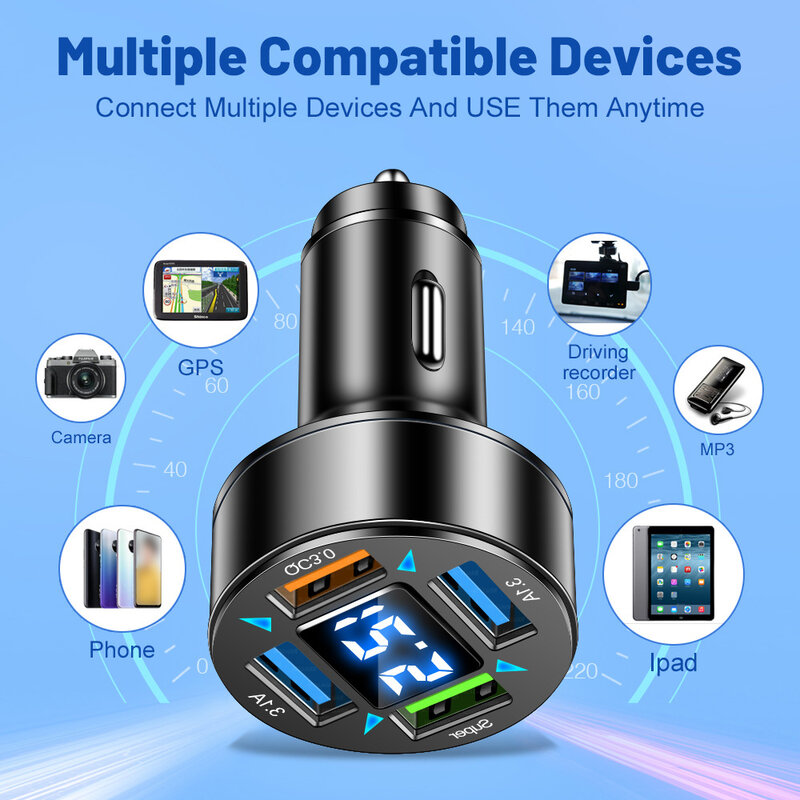 Carregador de carro USB 66W 4 portas Carregamento rápido PD Quick Charge 3.0 USB C Adaptador de carregador de telefone para iPhone 14 Pro Samsung