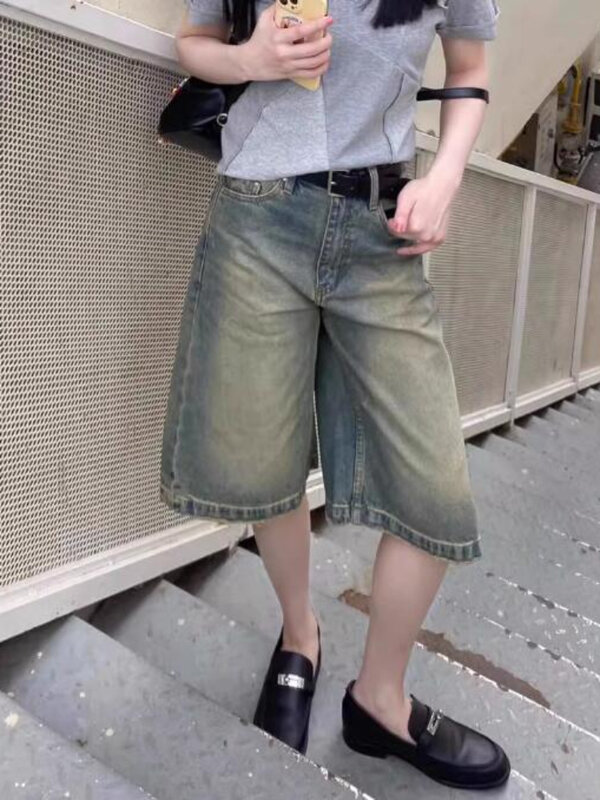 Pantalones cortos vaqueros de S-4XL para mujer, ropa de calle de cintura alta, estilo coreano, hasta la rodilla, sencilla y cómoda para estudiantes