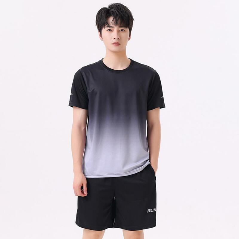 Ice Silk Casual Outfit Men's Casual Sport Outfit Set with O-neck Short Sleeve Tops Elastic Waistband Wide Leg Shorts Ice Silk