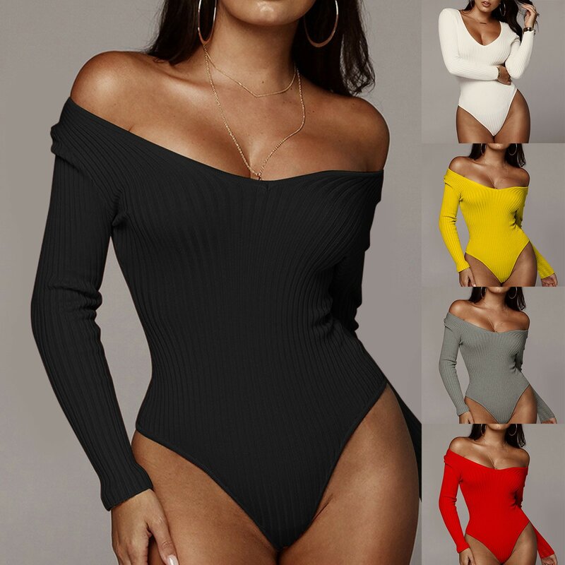 Schulter frei sexy Bodysuit Frauen gerippt Langarm Bodycon Vintage Mall Goth solide schwarz stilvolle Körper Top Tide elegante Kleidung