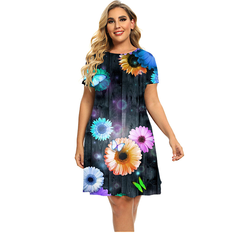 New Gradient Plant Flower Power Daisy 3D Print Dresses Summer 2023 Women Hipple Short Sleeve Dress Fashion Clothing Plus Size