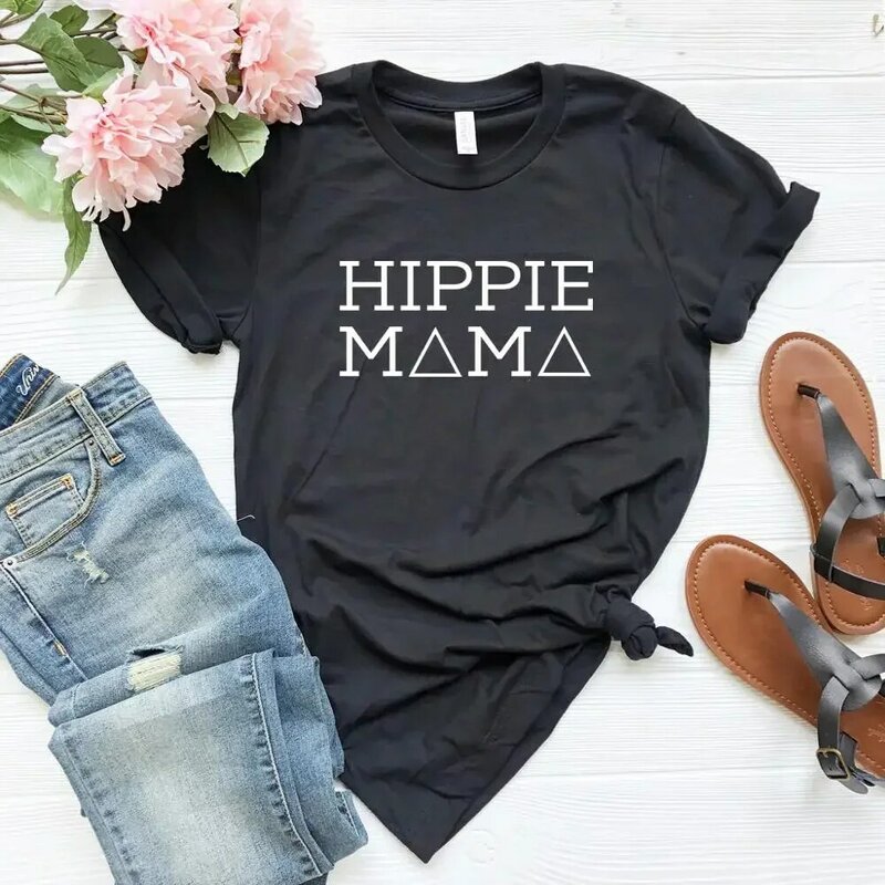 Hippie Mama kaus Wanita kaus lucu Hipster katun kasual untuk wanita Yong anak perempuan Atasan kaus crop Top wanita