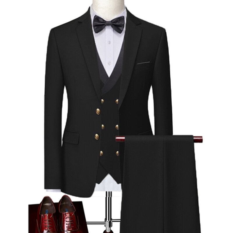 2023 Fashion New Men Casual Slim Gold Button Solid Color Business Wedding Suit 3 Pcs Set Dress Blazers Jacket Pants Vest