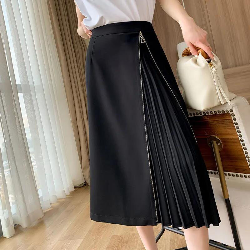 Black Loose High Waist Straight Skirt Female 2022 New Spring Autumn Long A-Seating Pleated Summer Fashion Zipper Skirts Women