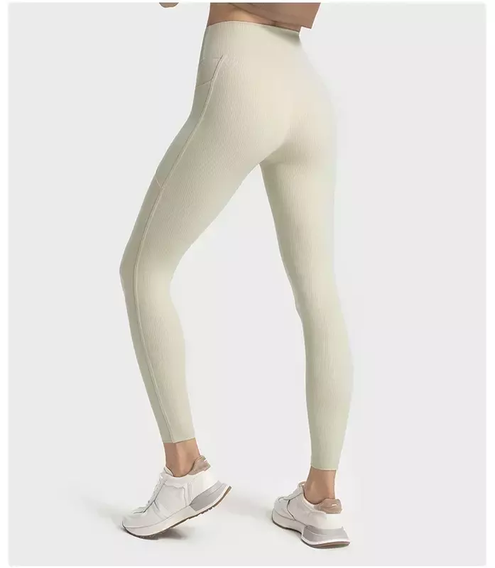 Lulu High Waist Ribbed Fabric Leggings with Pockets Gym Running Sports Yoga Pants Outdoor Jogging Sport Tights Women Sportswear