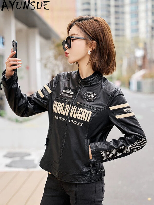 AYUNSUE-Jaqueta de couro real feminina, casaco de pele de carneiro curto e fino, jaqueta motocicleta