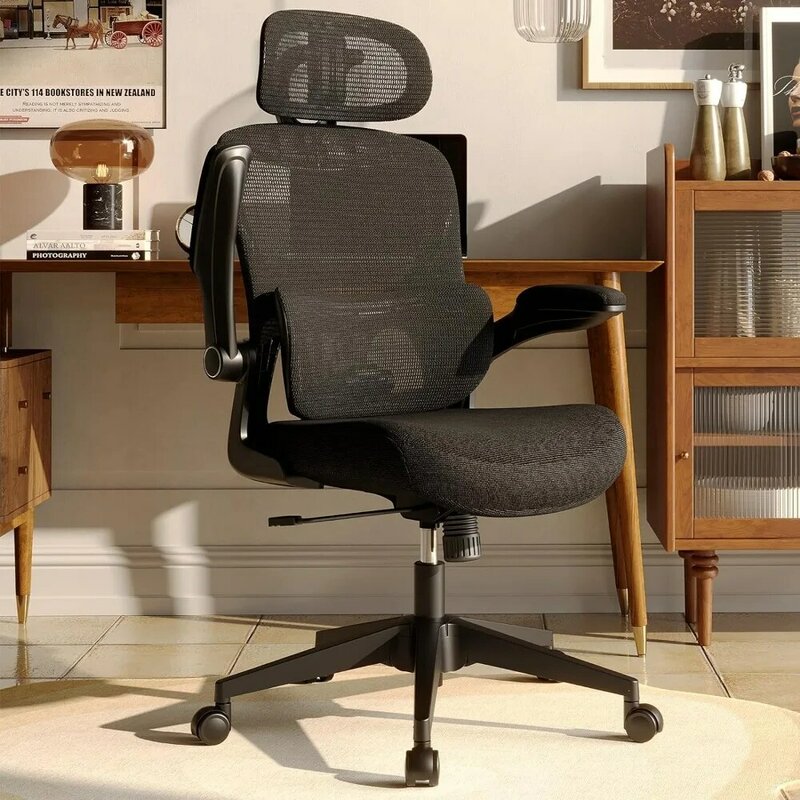 Ergonomiczny krzesło biurowe siatkowe, wysokim oparciem krzesło biurowe z regulowanym stabilizator lędźwiowy, podnoszonym ramieniem, zagłówkiem, obrotowym na rolkach
