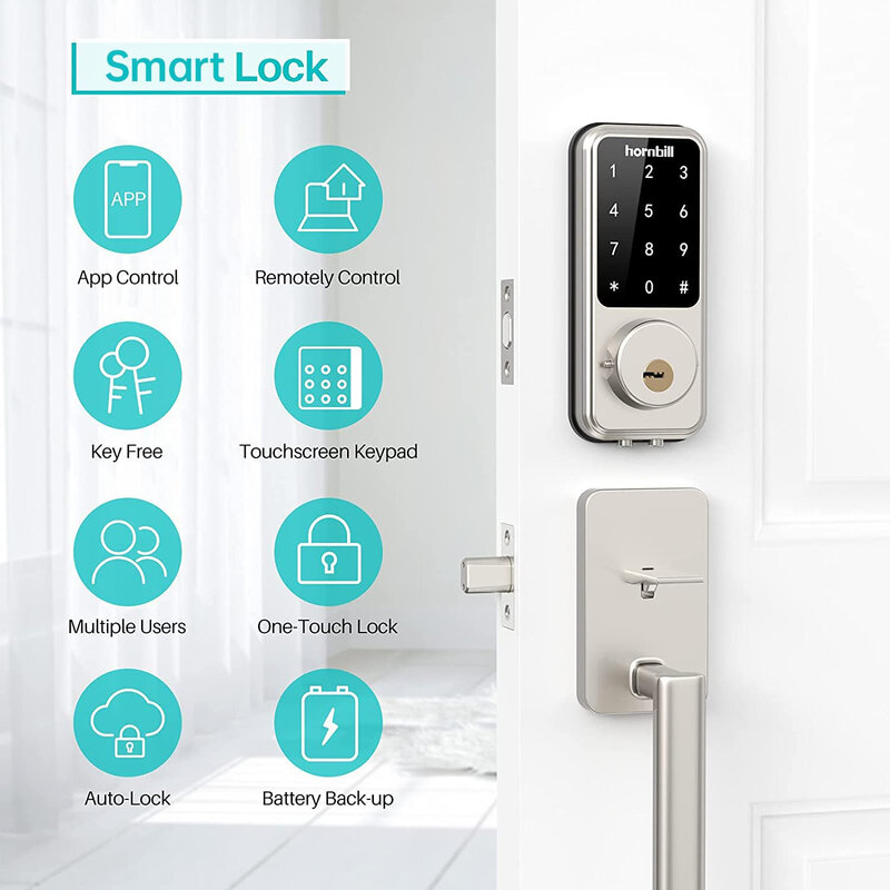 Hornbill-cerradura de puerta inteligente, desbloqueo remoto con contraseña de puerta de enlace, aplicación TTLock, desbloqueo de llave para apartamento y hogar