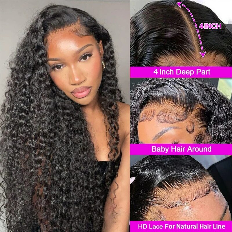Perucas de cabelo humano encaracolado Kinky, peruca frontal do laço, Extensão pré-arrancada do cabelo Remy, 13x4 HD Lace Front Wig, 4x4 Lace Encerramento