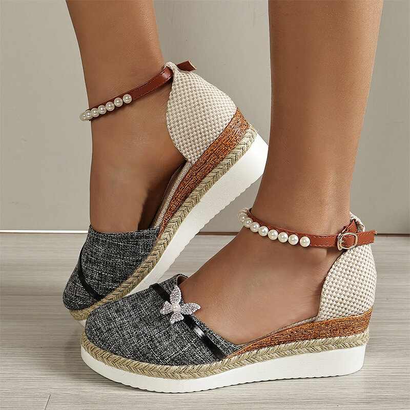 Crystal Wedges Shoes Women Beaded Shallow Sandals 2024 New Fashion Platform Designer Shoes Summer Brand Cozy Female Zapatillas