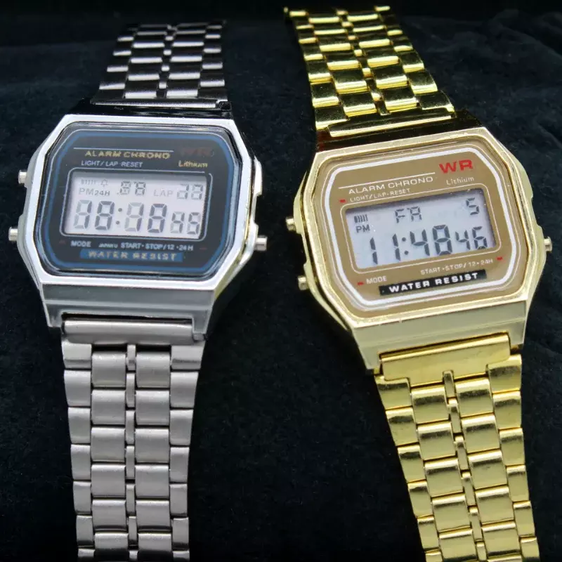 男性と女性のためのレトロなデジタル時計f91w,スポーツ,ミリタリー,ステンレス鋼,電子ブレスレット,時計
