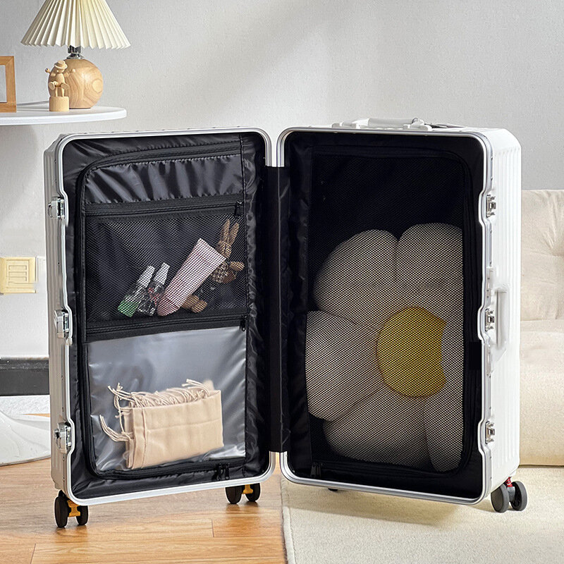 กระเป๋าเดินทางล้อลากกรอบอลูมิเนียมกระเป๋าถือเดินทางความจุขนาดใหญ่ kopor perjalanan 24/28/30นิ้วพร้อมที่ใส่ถ้วยเคสขึ้นเครื่อง