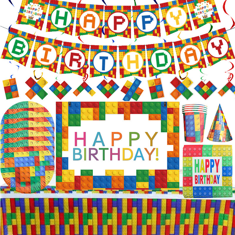Bausteine Geburtstags feier Dekoration Einweg geschirr Ballon Tasse Platte Geschenk Tasche Serviette Tischdecke für Kinder Baby party