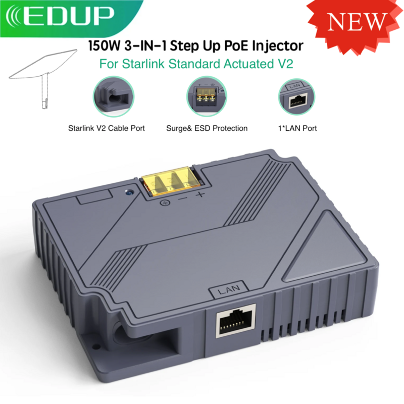 Edup Starlink V2 150W 3 In 1 Step Up Poe Injector Met Uitgebreide Bescherming Voor Starlink Standaard Geactiveerd Voor Rvs Outdoor