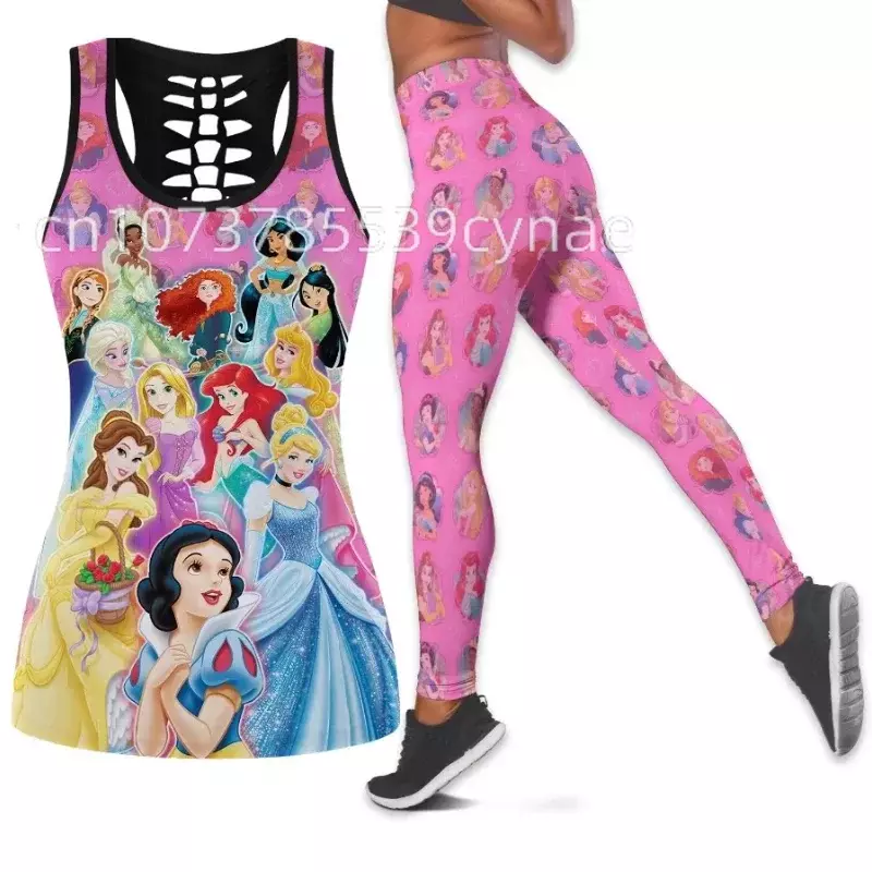 Disney Princess Hollow Colete e Leggings para mulheres, terno de ioga, leggings de fitness, regata esportiva, roupa legging, 2021
