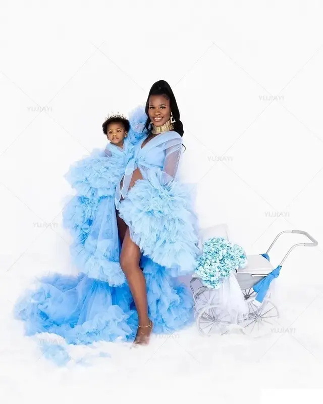Sky Blue Princess gaun yang cocok, untuk pengambilan foto gaun pesta ulang tahun Ibu dan saya keluarga melihat kehamilan gaun Baby Shower