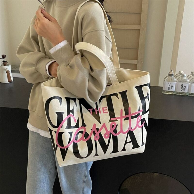 Canvas Shoulder Bag Simple Gentlewoman Large Capacity Underarm Bag Letter Printing Tote Bag Woman Girls