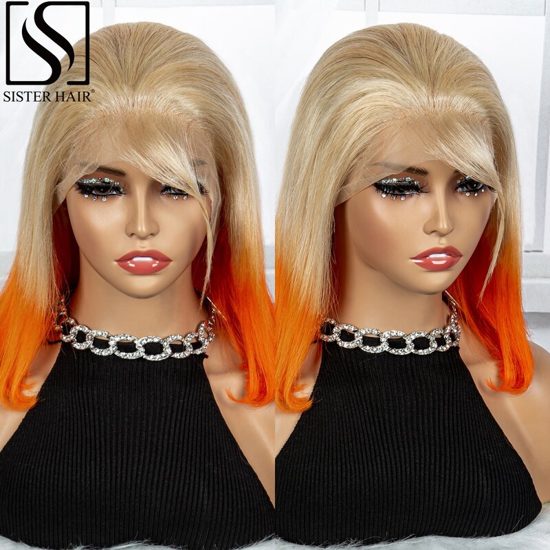 13x4 Transparent Lace Frontal Wigs 200% Density Blonde Orange Color Short Straight Bob Wigs Remy Human Hair Wig For Black Women