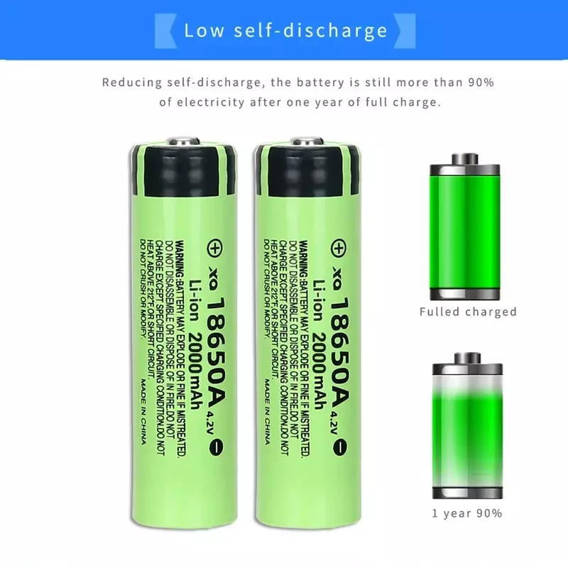 Baterias Recarregáveis, Bateria 18650, Descarga 3C, Célula HD 18650, Bateria De Lítio Com Uma Lanterna LED T6, 4.2V, 2000mAh