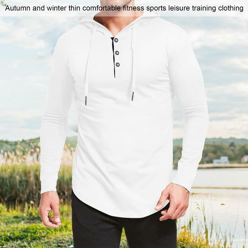 Camisas monocromáticas masculinas com capuz, blusa de manga comprida, capuz casual ativo com cordão, botão frontal para esportes