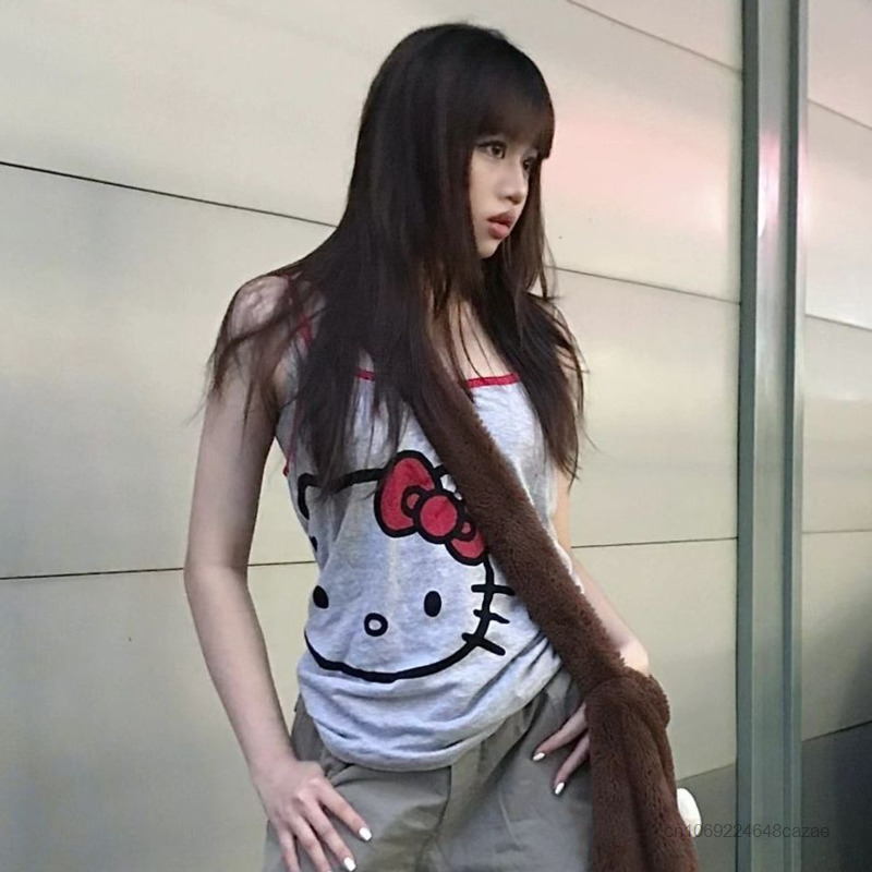 Sanrio Hello Kitty lucu Tank top Wanita Mode musim panas tanpa lengan t-shirt Streetwear seksi Suspender kartun Y2k Pedas gadis rompi