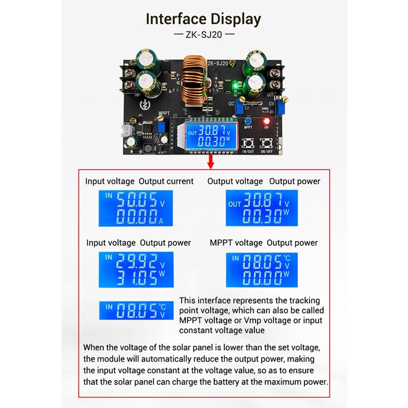ZK-SJ20 MPPT modul Step Up Down otomatis, papan konverter catu daya Boost Buck dengan layar LCD yang dapat disesuaikan