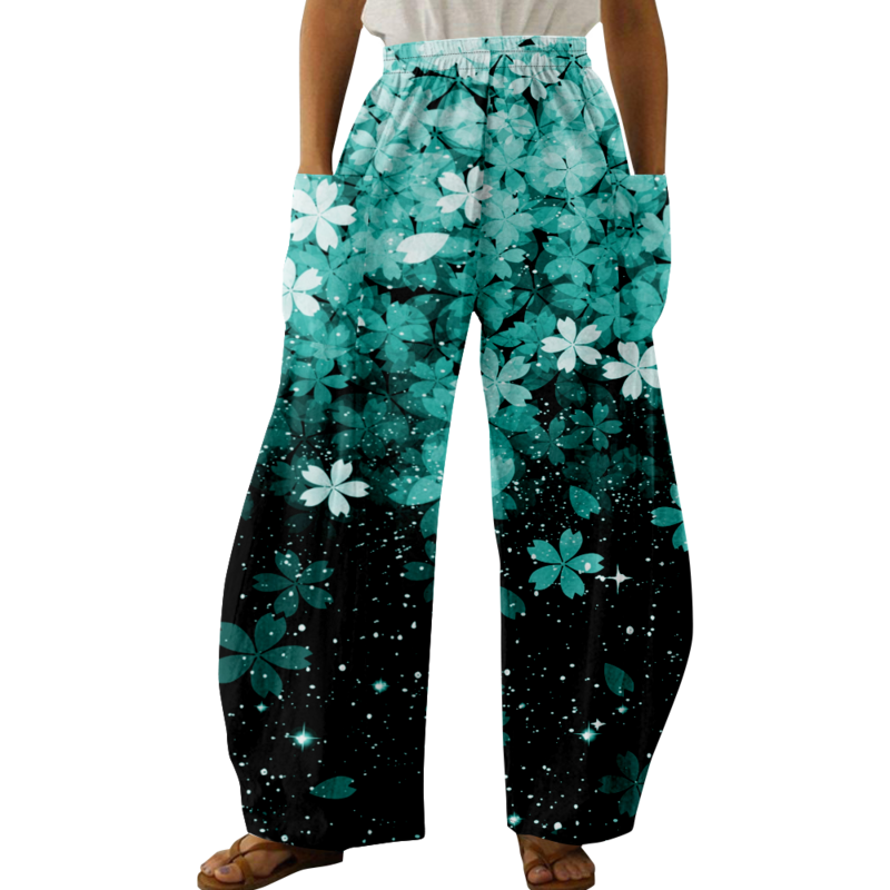 용수철 세련된 꽃무늬 바지, 캐주얼 오버사이즈 소녀 Y2K 바지, 여성 포켓 바지, 와이드 레그 팬츠, 우아한 판탈롱, 여름