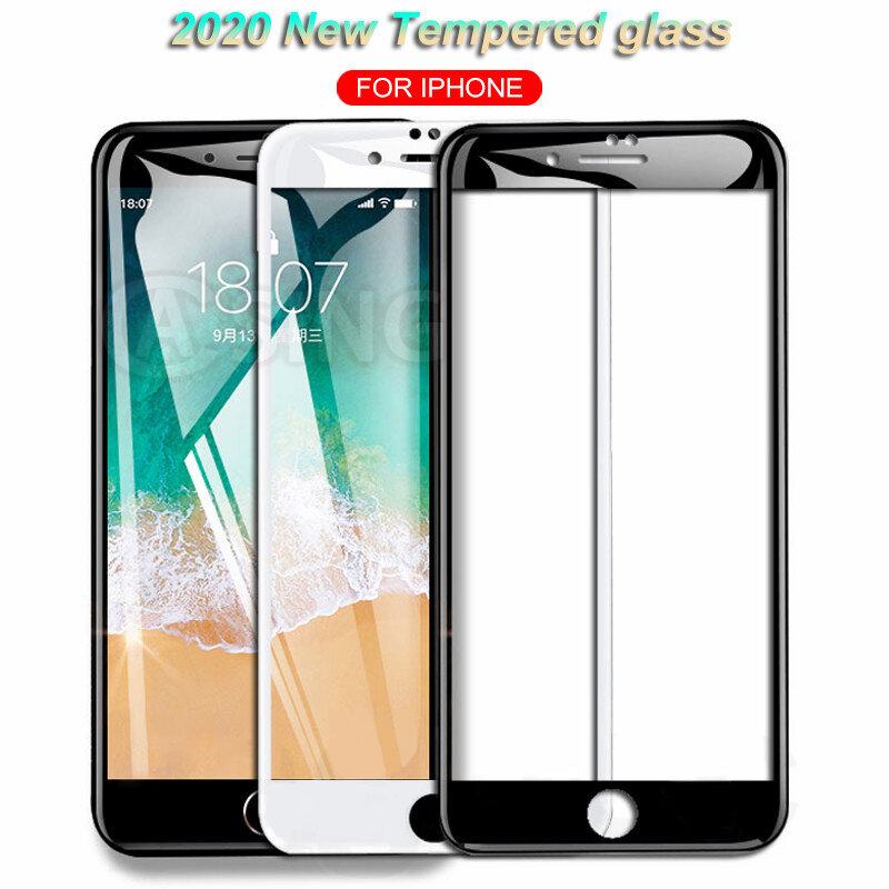 9H Full Cover Tempered Glass untuk iPhone 7 8 6 6S Plus SE 2020 Screen Protector untuk iPhone 8 0.8 Iphone7 Glass Putih Hitam
