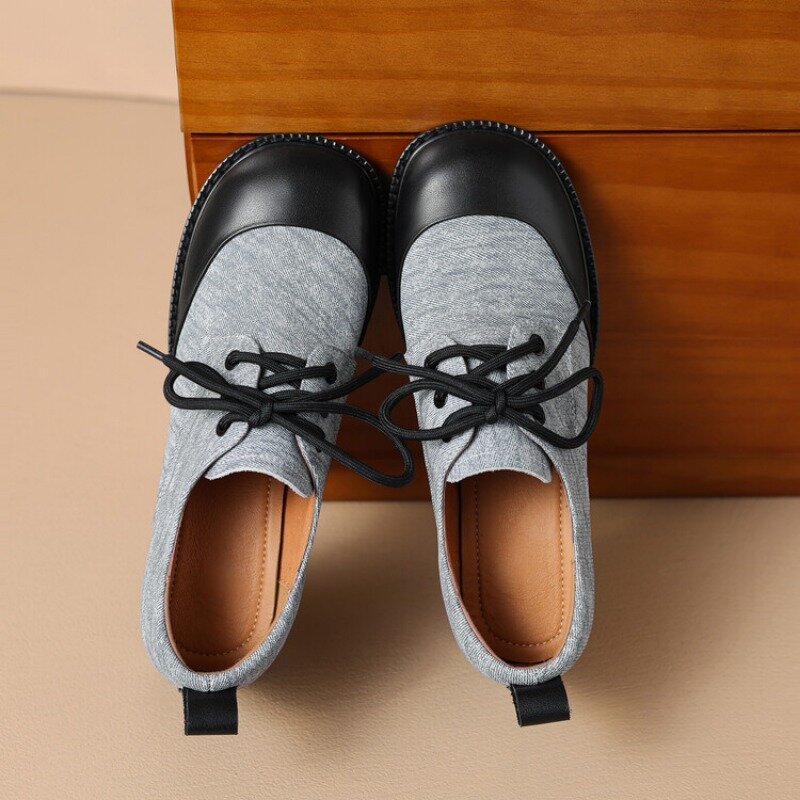 Genuine leather lace up single shoe round toe thick heel soft sole women's shoes versatile commuting casual shoes