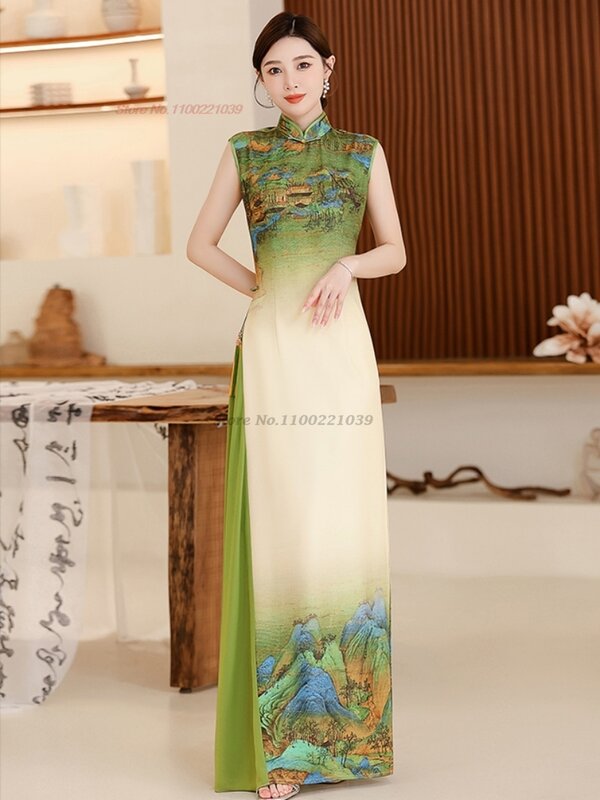Vestido sem mangas com estampa nacional chinesa Cheongsam, elegante vestido de festa à noite, vestido Qipao melhorado, 2022, 2024