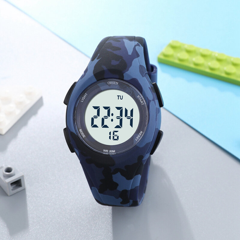 OHSEN-어린이 디지털 시계, 파란색 위장, 남아/여아 스포츠 방수 LED 손목 시계, 알람 스톱워치, 전자 키즈 시계