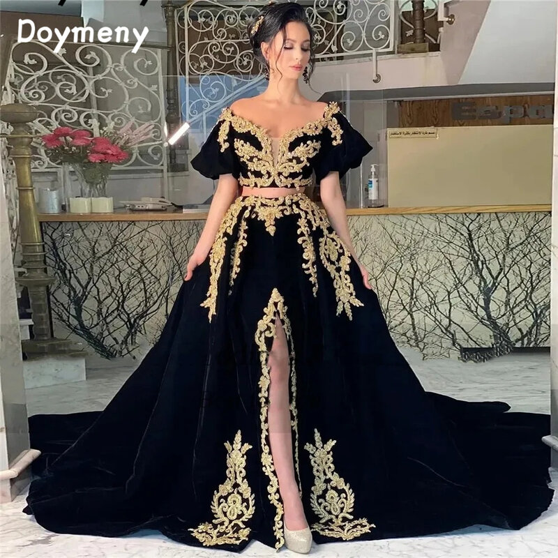 Doymeny Short Puff Sleeves Lace Appliques A-Line Velvet Prom Dress Evening Dress High Slit Long Train Kafeta Party Gowns