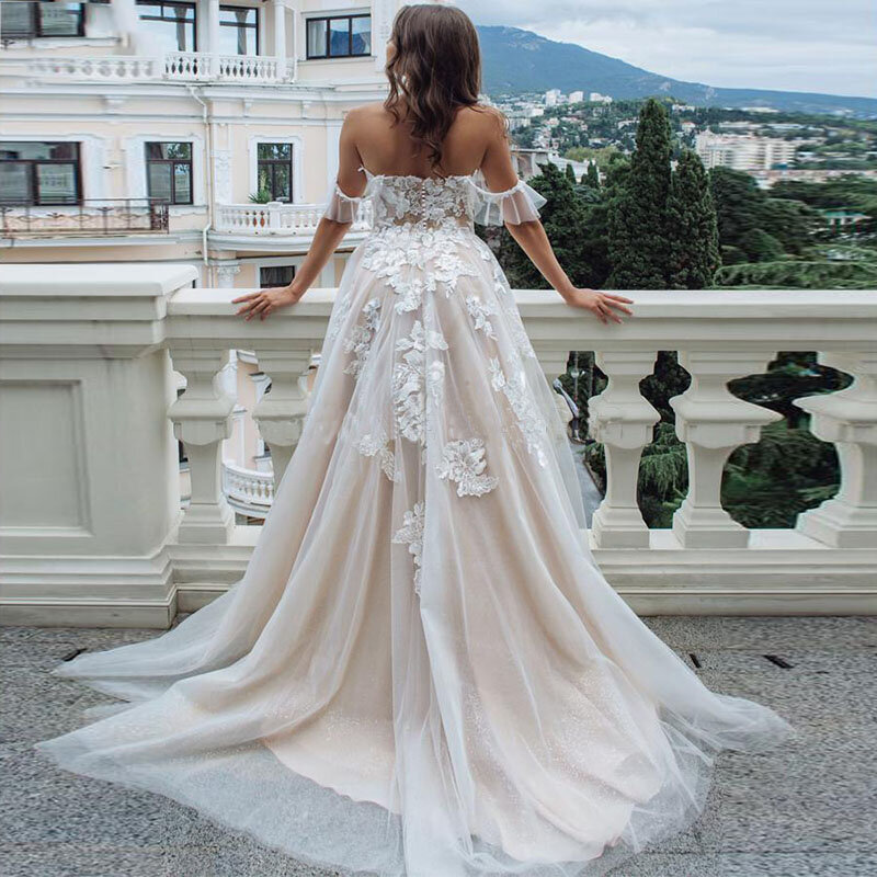 Boho Wedding Dress Lace Appliques Tulle Backless Beach Floor-length Wedding Party Gowns Off Shoulder Princess Vestido De Novia