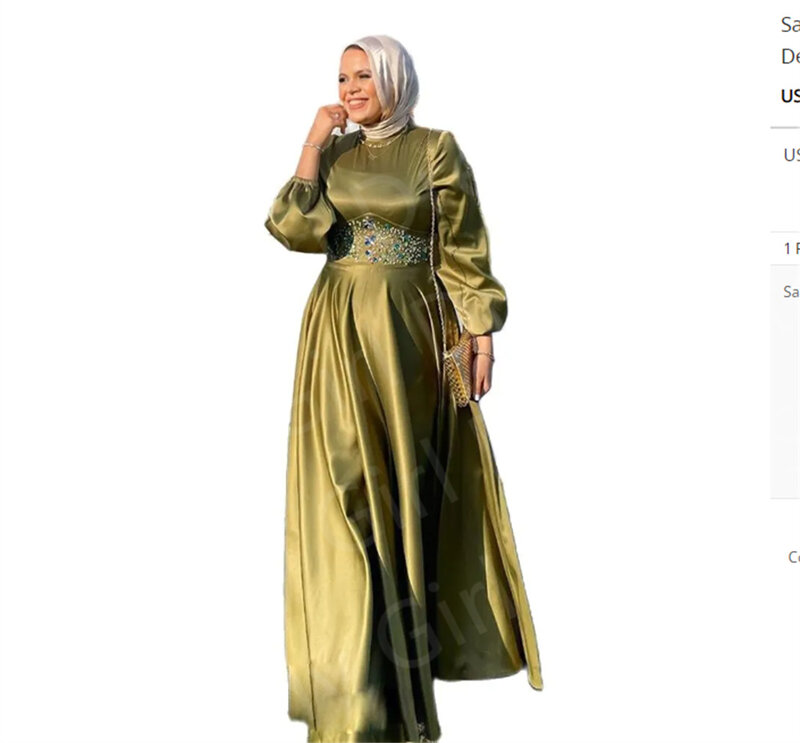 ชุดทางการชุดราตรีมุสลิมผู้หญิงสไตล์คลาสสิกทรง A ประดับด้วยลูกปัดคริสตัลแขนพองชุดยาวแบบพองแขนยาว