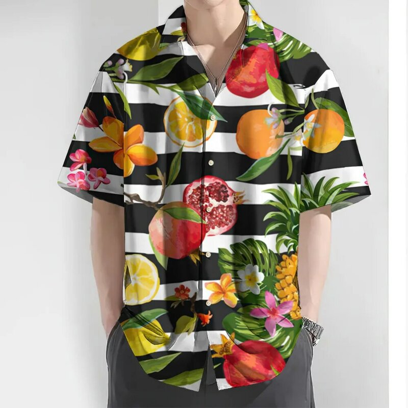 Neues gestreiftes Herren hemd Frucht bedrucktes Kurzarmhemd für Männer täglich lässiges Hawaii hemd übergroße hochwertige Herren bekleidung
