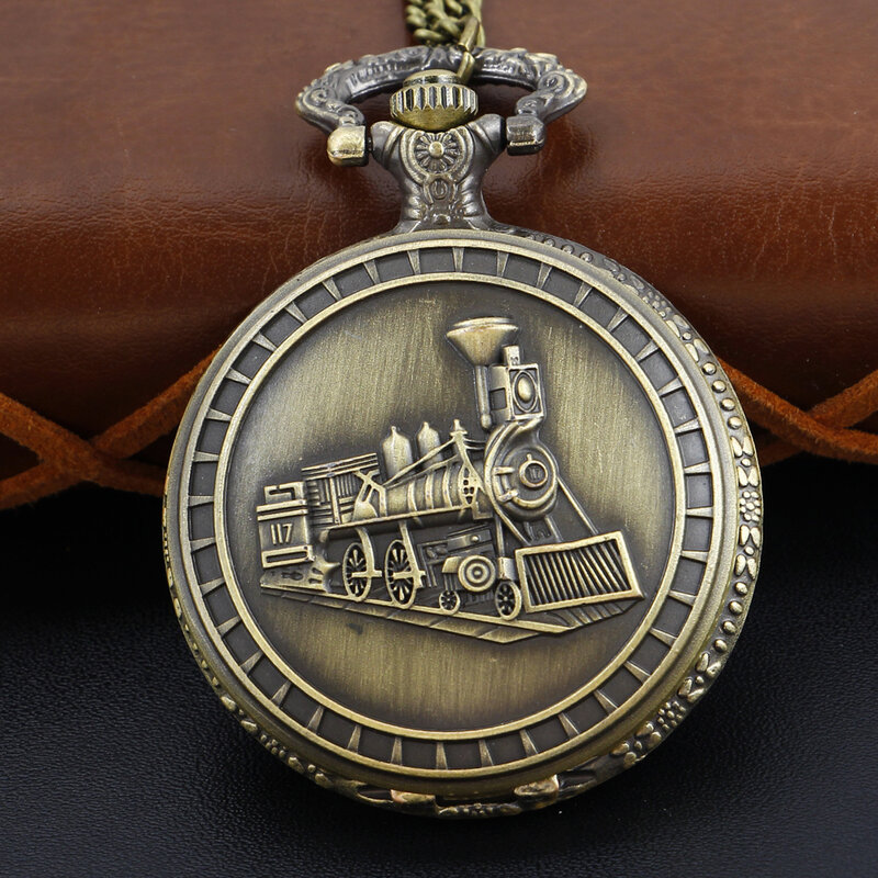 Antique Steampunk Train Embossed Quartz Pocket Watch Antique Dial with Chain Necklace Pendant Jewelry Clock Holiday Gift