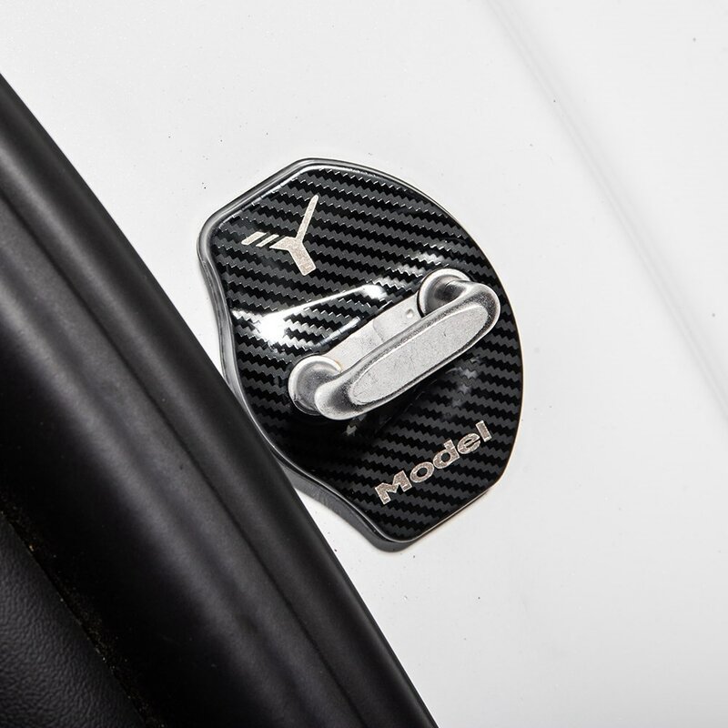 Автомобильная застежка на дверной замок Tesla Model Y 2023, аксессуары для дверного замка, металлическая наклейка из углеродного волокна, автомобильное украшение