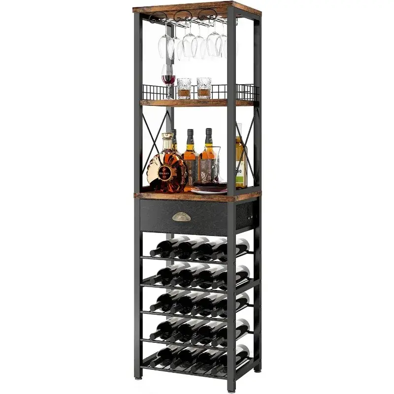 Homeiju-Pavimento autônomo Wine Rack, Bar Gabinete para Licor e Copos, 4-Tier Bar Cabinet com Mesa, Suporte de Vidro De Armazenamento