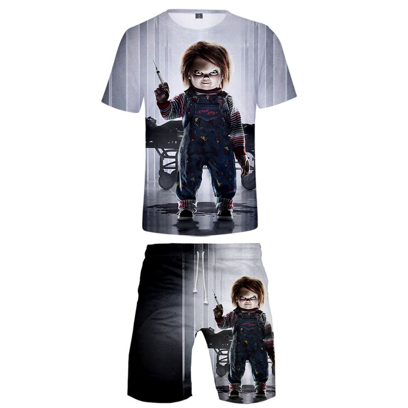 공포 영화 Chucky 세트 2 피스/세트, 여름 반팔 티셔츠 + 반바지 패션 정장 스트리트웨어 옷