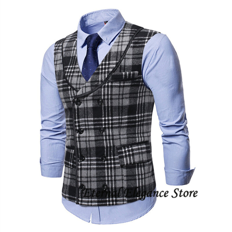 Vintage Men's Suit Vest Tweed Plaid Vest V Neck Men's Clothing Waistcoat Double Breasted Vests For Men жилетка мужская костюмная