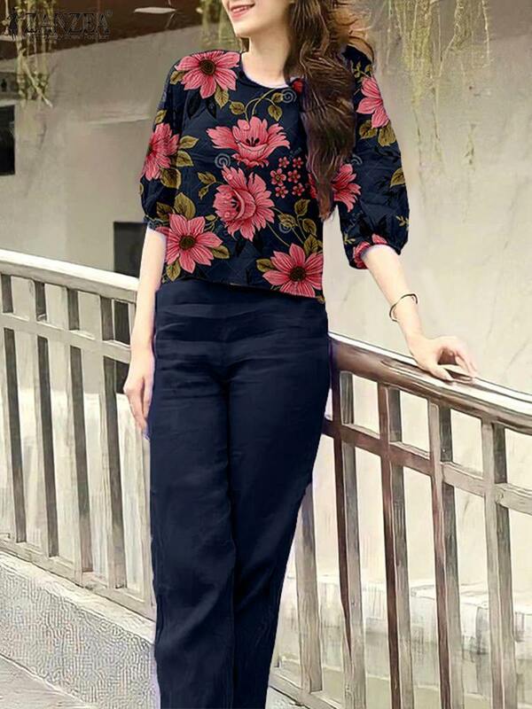ZANZEA-Blusa floral combinando vintage e calças largas para mulheres, roupas femininas, calças boêmio, calças de verão, manga 3/4, 2 peças