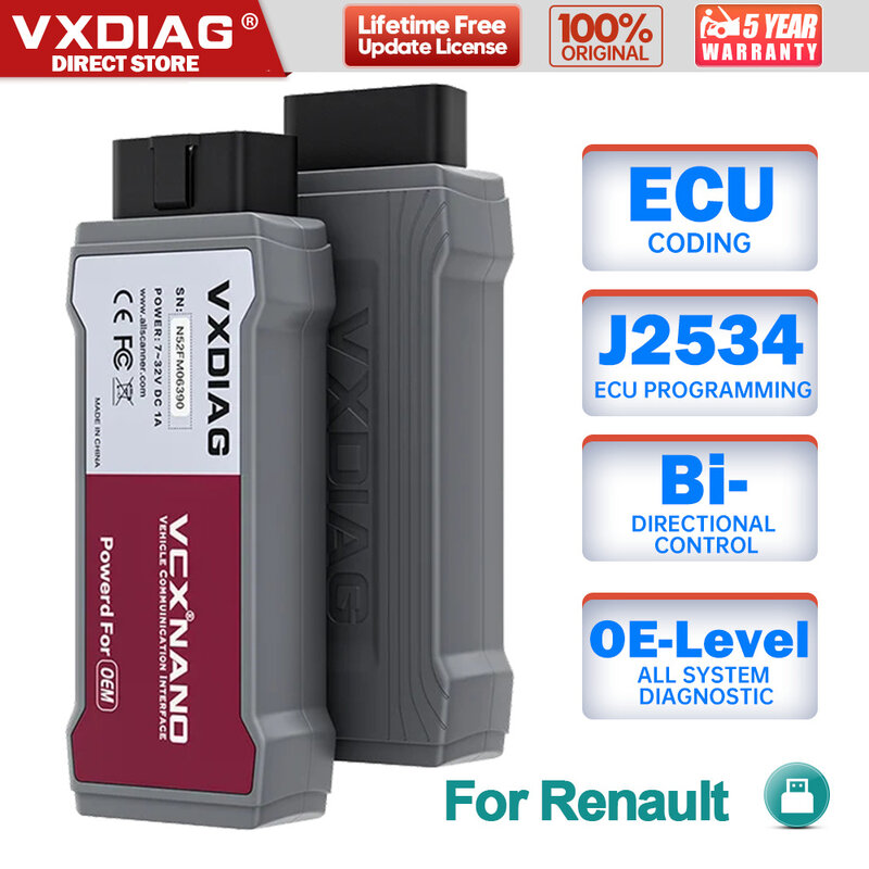 VXDIAG-VCX NANO NX200 Ferramentas De Diagnóstico para Renault, ECU Programação De Codificação, Protocolo J2534, Pode Clip, OBD2 Code Reader, Todo O Sistema