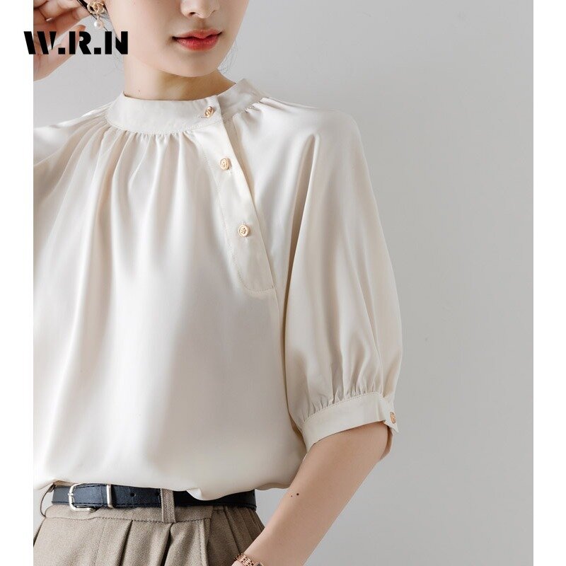 Рубашка женская однотонная с коротким рукавом, повседневная Элегантная блузка с круглым вырезом, роскошная винтажная классическая офисная базовая одежда, лето 2024