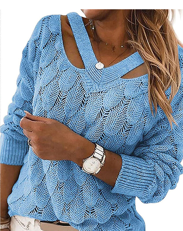 New Autumn and Winter Knitwear Women's V-neck Off Shoulder Blouse Sweater Female and Lady Casual Fashion Long Sleeve Tops