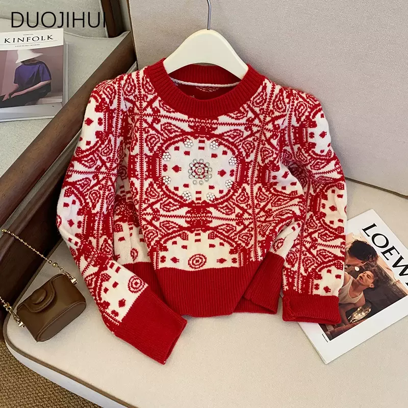 DUOJIHUI Classic O-neck Red Chic Knitted Sweater Women Pullovers Winter New Basic Fashion Contrast Color Casual Female Pullovers