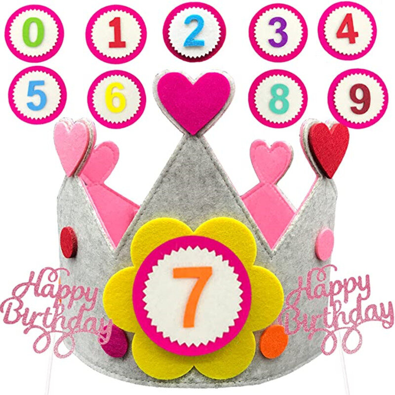 Chapéu da coroa do aniversário de feltro das crianças para meninas & meninos 1-9 anos personalizado ajustável tamanho feito à mão chapéus da festa de aniversário