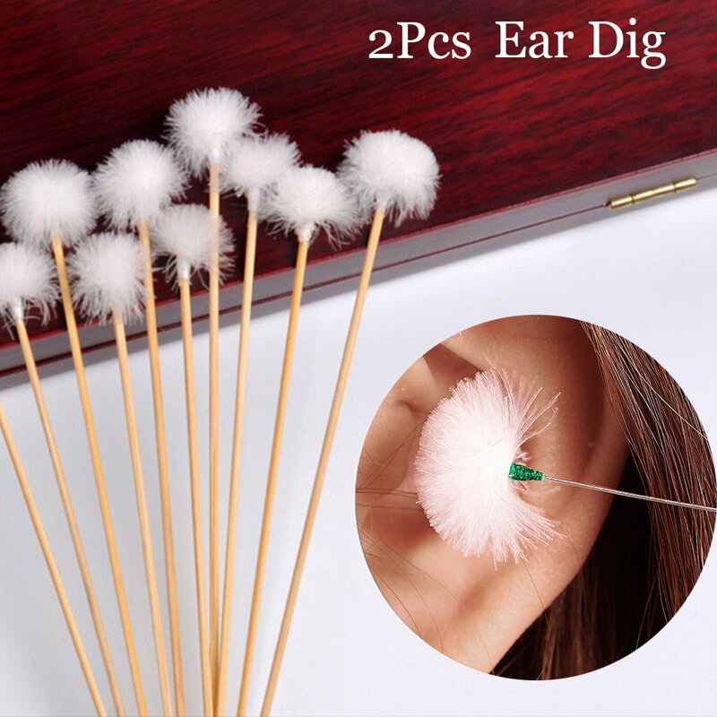 2 BH alat penggali telinga pegangan bambu dewasa, penghilang kotoran telinga bulu angsa